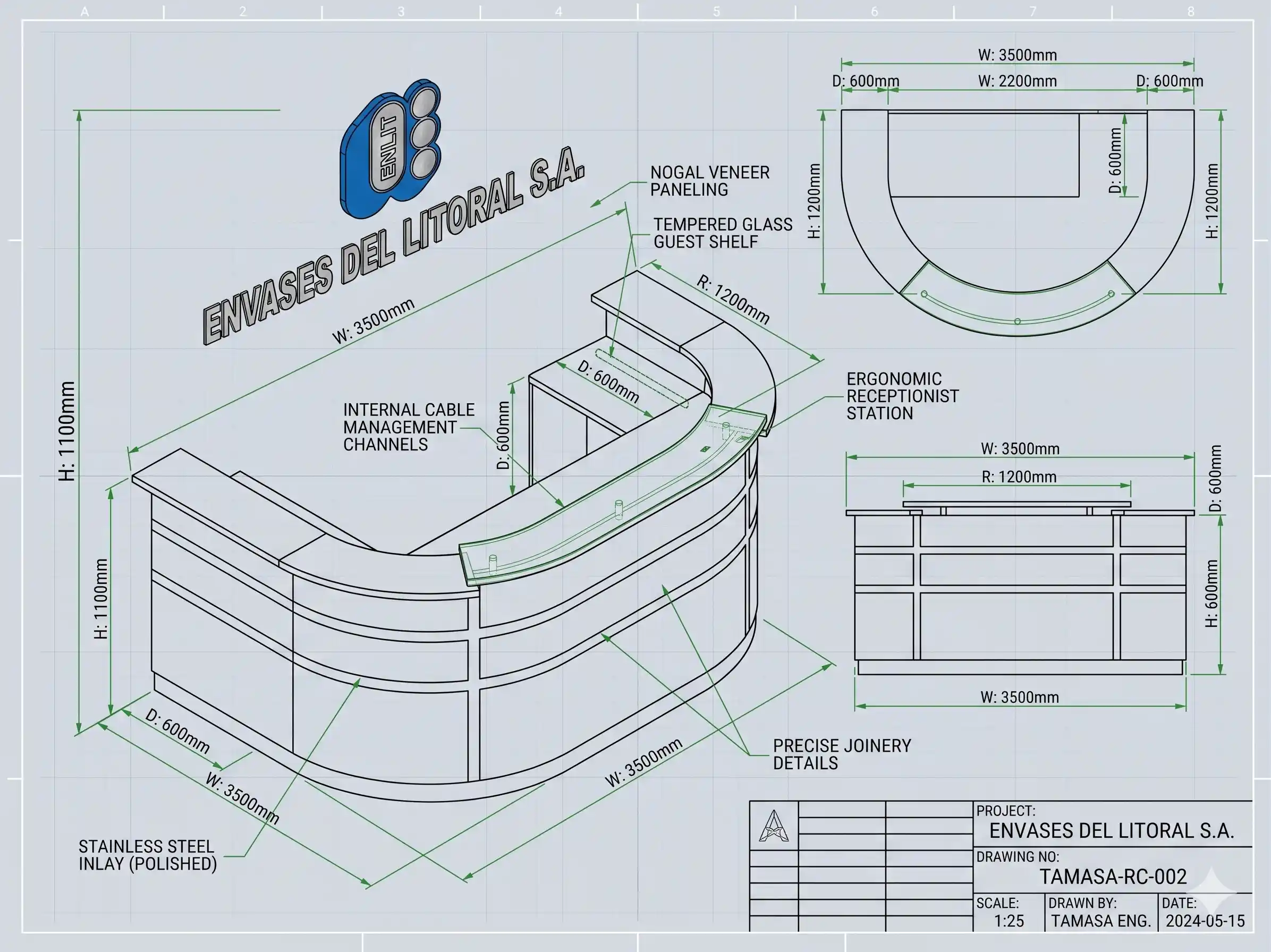 Detalle de plano técnico de AutoCAD para counter de recepción corporativo con curvatura de precisión e integración de conectividad oculta para el proyecto Litoral, diseñado por Tamasa Office Design.