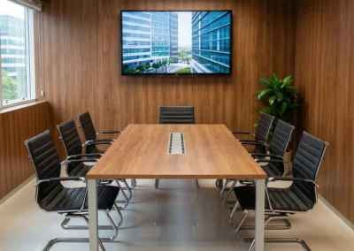 Mesa de reunión ejecutiva en acabado wengué oscuro con sistema de conectividad integrado de Tamasa.