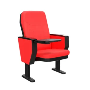 Silla acolchada para auditorio en color negro con brazo universitario de madera para escritura y estructura metálica.