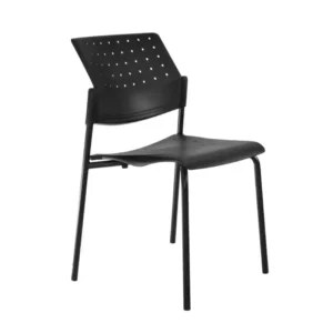 Silla para comedor o cafetería modelo Movie PVC en color negro con espaldar perforado y patas de metal.
