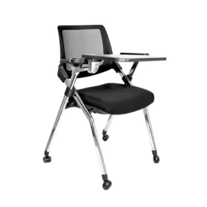 Silla interlocutora de oficina con espaldar en malla mesh antisudor y base trineo negra.