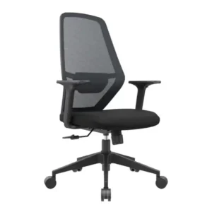 Silla de oficina ejecutiva con espaldar medio de malla negra, brazos fijos y base estrella de nylon.