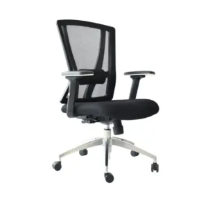 Silla gerencial de oficina con soporte lumbar independiente regulable y brazos ergonómicos fijos.