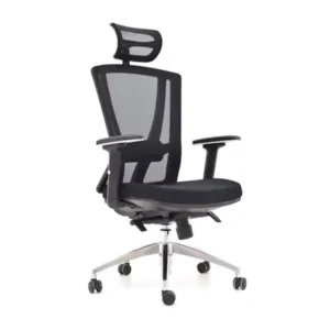 Silla presidencial ergonómica con estructura de polímero negro, soporte lumbar flotante y cabecera ajustable.