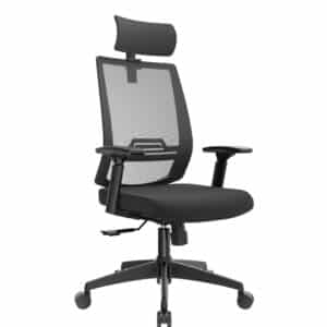 Silla presidencial ergonómica con apoyacabezas ajustable, espaldar alto de malla mesh y base de nylon negra.