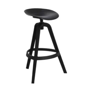 Taburete alto minimalista de color negro con reposapiés circular para barra de cafetería.