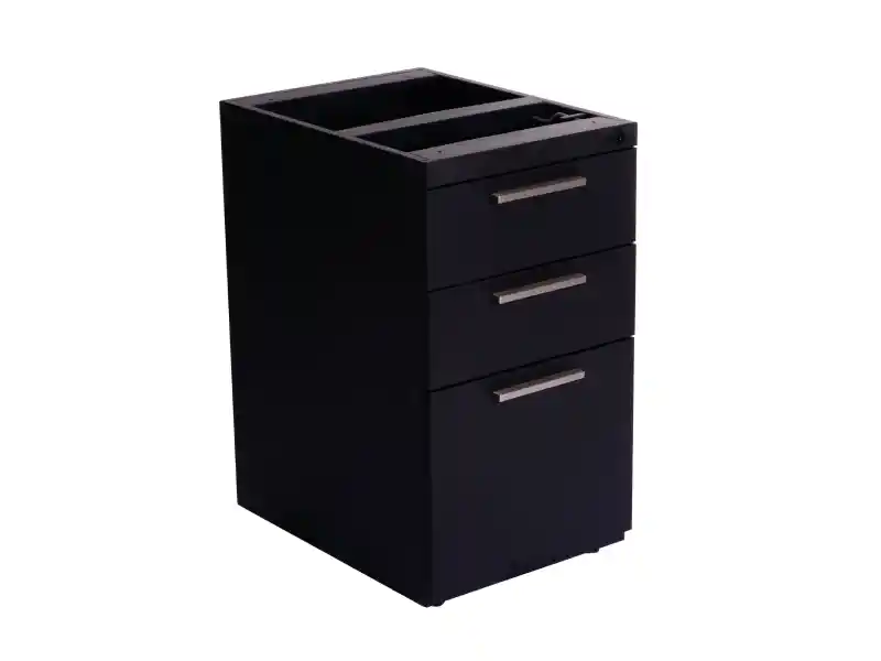 Cajonera MetÔlica Móvil de 3 Gavetas - Tamasa Cajonera metÔlica móvil de color negro con tres gavetas y tiradores cromados para almacenamiento de oficina sobre fondo blanco.
